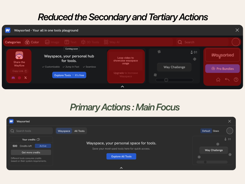 The pared-back interface after cutting non-primary actions